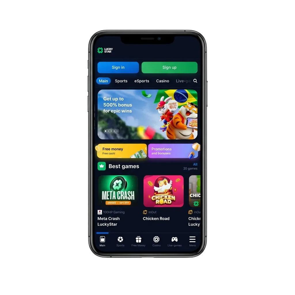 Fortune Tiger mobile app interface on smartphone showing Lucky Star casino game for Android and iOS devices