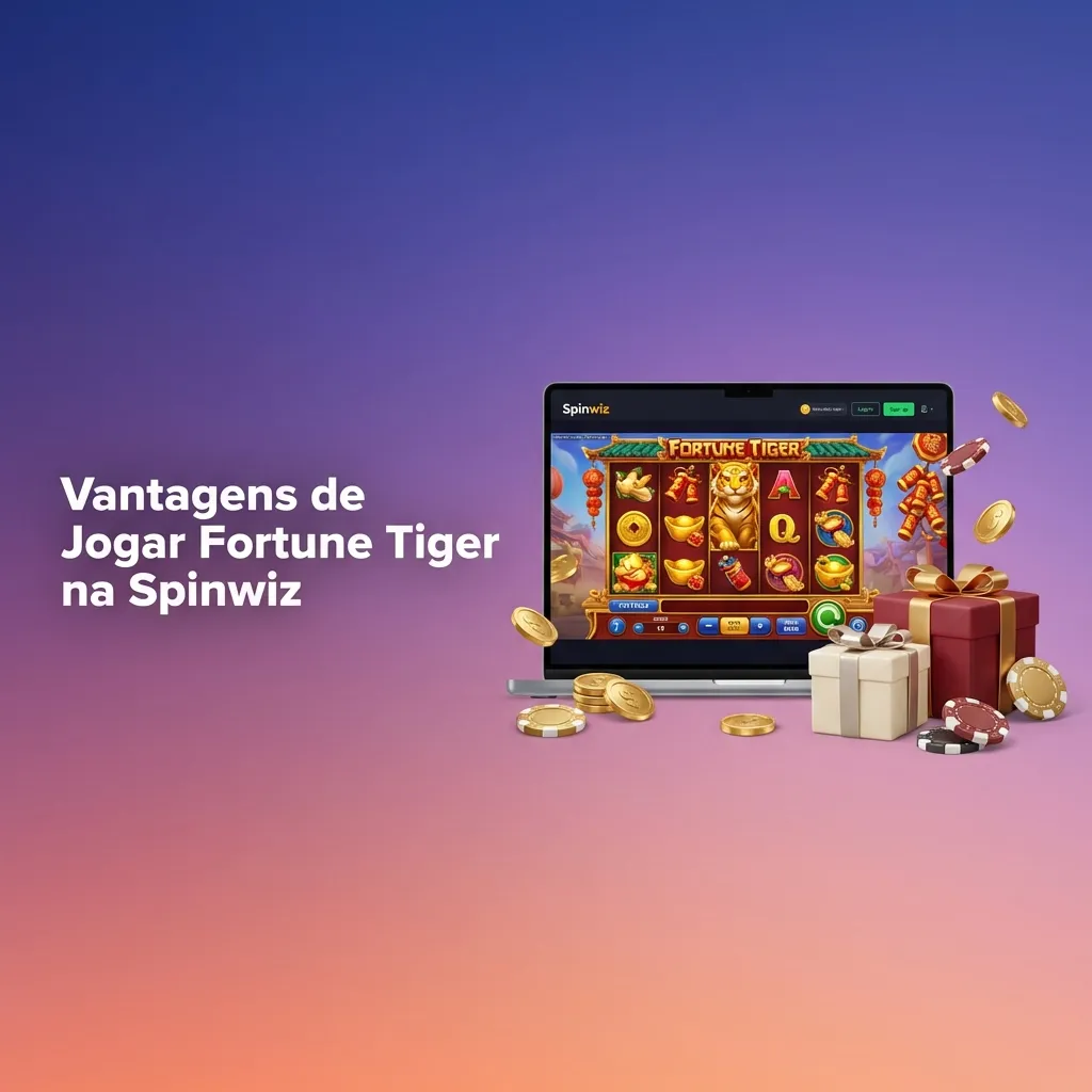 Fortune Tiger slot game interface showing benefits like 24/7 support, real-time stats, and instant PIX deposits on Spinwiz